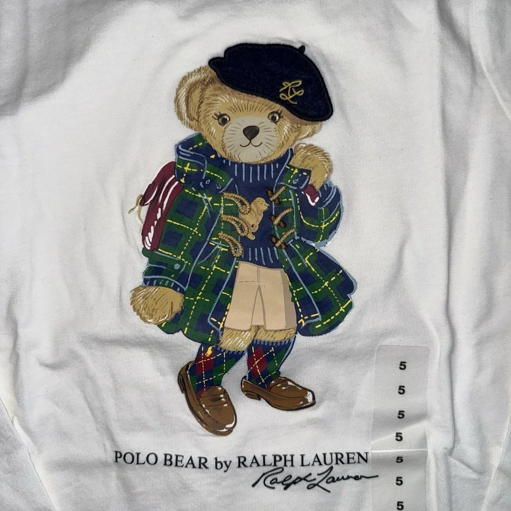 NWT Polo Ralph Lauren Polo Bear Long Sleeve Shirt Girls Size 5 White Preppy - Picture 2 of 8